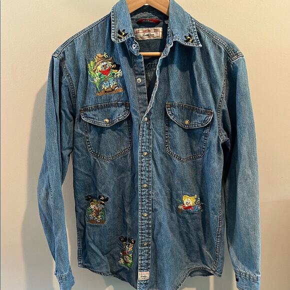 Levi Strauss Vintage Denim Pearl Snap Button Down Shirt w/Fall Embrodiery Design - Picture 1 of 10